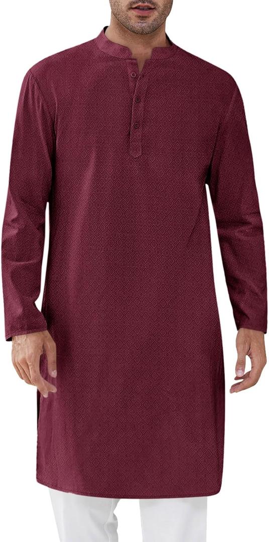 Runcati Mens Kaftan Thobe Textured Henley Shirt Long Sleeve Robe Casual Muslim Gown Shirt, Size: Medium