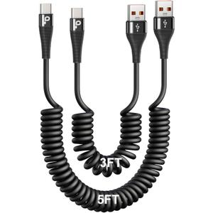PRAKIE Coiled USB C Cable Fast Charging for Car 3FT/5FT, USB A to USB C Cable, Type C Charge Cord USB-C Charging Cable Compatible with iPhone 17/16/15/Samsung Galaxy S20 and More USB C Devices-Black