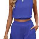 Two Piece Sets for Women Summer 2025 Cute Vacation Short Sets Sleeveless Crop Tank Top High Waisted Shorts Outfits Pocket, Navy, M