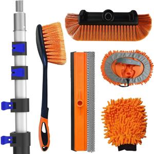 26Ft Reach Car Wash Kit with 5-20FT Telescopic Extension Pole, Car Wash Brush with Long Handle, Wheel Tire Brush, Car Wash Mop, Mitt, Squeegee for Cleaning Car, SUV, RV, Boats, Solar Panels