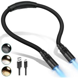 LUXJET Book Light for Reading and Crocheting Rechargeable Neck Light for Knitting and Repairing, Eye-Friendly Neck Reading Light with 3 Colours and Dimmable Brightness (Three Color Temperature (6000K-4000K-3000K), Black)