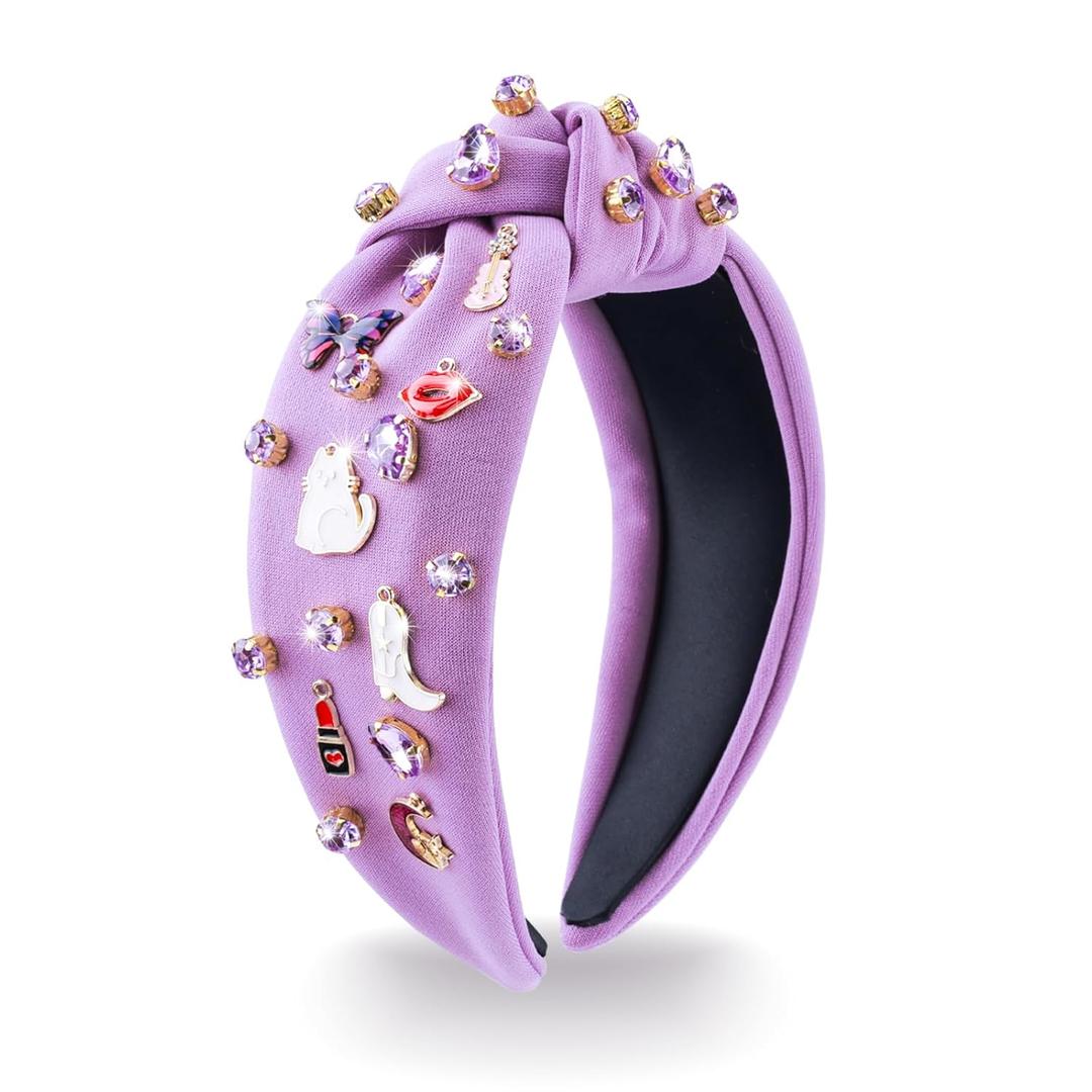 Music Headbands for Women, Singer Fans Valentines Day Gifts, Guitar Red Lip Rhinestone Wide Jeweled Knotted Headband, Crystal Beaded Jeweled Headband Hair Accessories Concert Birthday Gift (Purple)