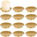 Romadedi Iron Plate Candle Holder, Gold Candle Holders for Pillar Candles, Set of 12 Small Candle Tray, Pillar Candle Holder Plate Metal Candle Stand for Coffee Table Decor, Wedding, Party, Home Decor