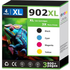 902XL Ink Cartridges Replacements for HP 902 Ink Cartridges Combo Pack (4 Pack), Compatible with HP OfficeJet Pro 6968 6978 6950 6958 6979 6962 Printers, 902 Black and 902 Color (Cyan Magenta Yellow)