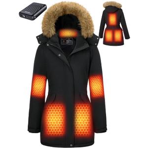 Graphene Long Heated Jacket for Women with 18400mAh 12V Battery Pack, Womens Parka Coat with Faux Fur Detachable Hood (Medium, Black)