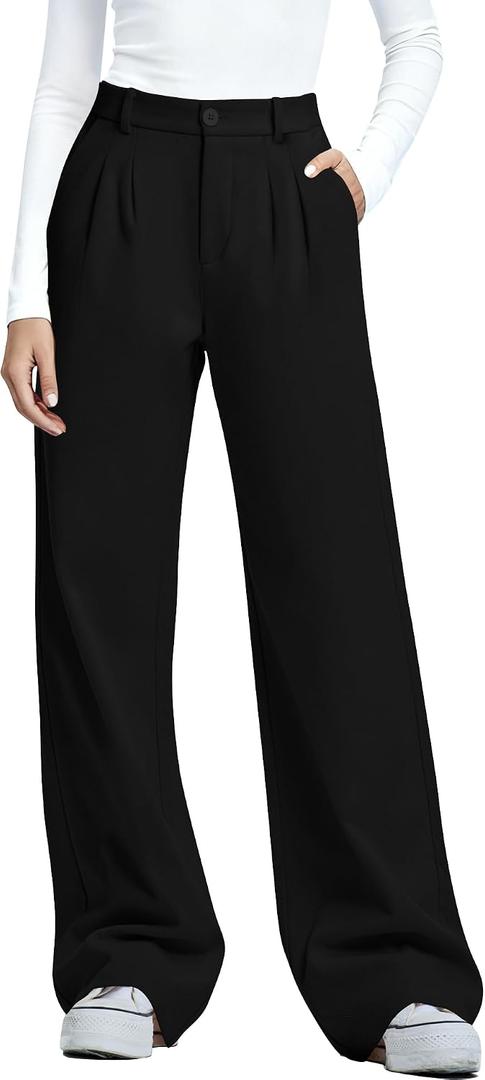 Kistore Womens Pants Wide Leg Thick Warm Pleated Work Slacks Fall Winter Business Casual Trousers for Women with Pocket (Black, S)
