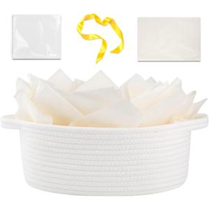 OIAHOMY Gift Basket with Handle, Small Woven Basket with Gift Bag, Ribbon and Wrap Tissue Paper, Nursery Bins Empty to Fill with Small Items, Baby, Pet Toy Organizer - White (12"x 8"x 5")