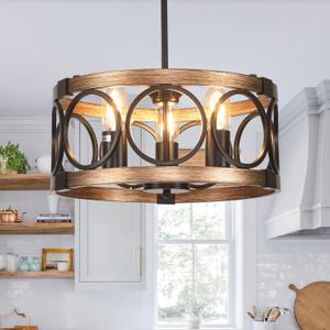 Light Fixtures Ceiling Mount,3-Lights Semi Flush Mount Ceiling Light Fixture,15.7" Black Dining Room Chandelier Rustic Drum Chandelier Pendant Light Fixture with Wood Grain Finish for Kitchen