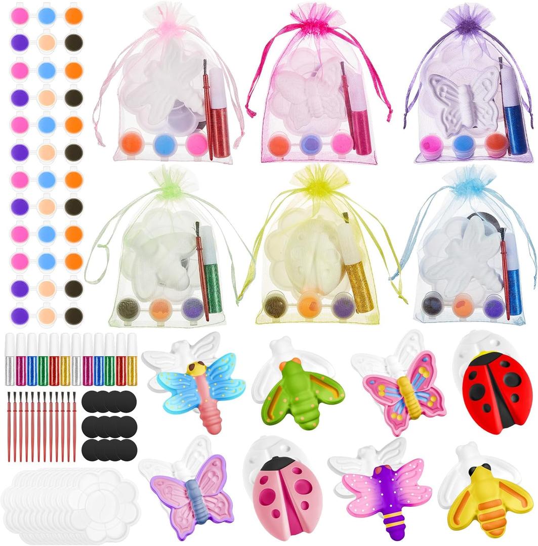 60 Pcs Plaster Painting Fairy Art Party Favors for Kids DIY Statues Craft Butterfly Insect Activities Birthday Supplies with Magnet Brushes Palette Organza Bag Gifts