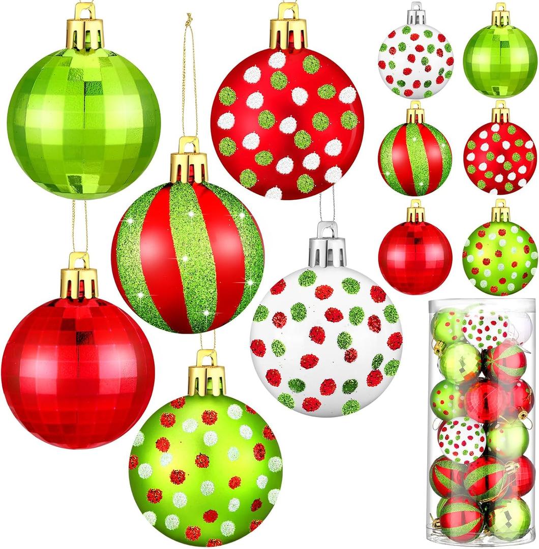 Beeveer 24 Pcs Christmas Ball Ornaments 1.97 Inches Glittering Plastic Hanging Decorations Lime Green Elf Balls Swirl Candy Cane Shatterproof Hanging Tree Ornaments for Xmas Holiday Party Decors