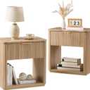 Fluted Nightstand Set of 2, 23" W Night Stand with Drawer, Wood Bed Side Table with Faux Marble-Top, Curved Corner, Metal Handle, Modern Bedside Table for Bedroom, Living Room, Office, Natural Oak