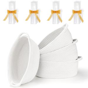 4 Pack Small Woven Basket with Handles, All 12"x 8"x 5", Cotton Rope Room Shelf Storage Basket, Cat Toys, Cute Baby Gift Basket with Gift Bags and Ribbons for Nursery, Empty Decorative Gift Chest Box