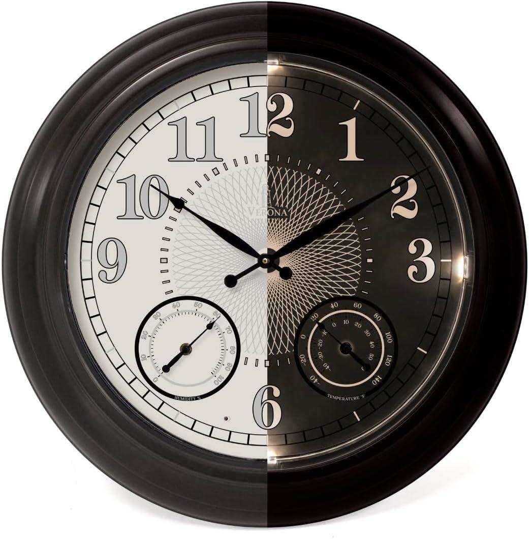 24 inch Illuminated Outdoor Clock for Patio, Waterproof with Thermometer - Large Night Light Wall Clock with Smart LED Sensor, Temperature and Humidity - Weatherproof & Easy to Read for Patio & Home