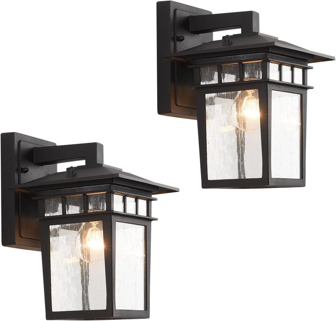 Outdoor Wall Lantern, Exterior Lighting Fixtures Wall Mount, 2 Pack Black Outdoor Sconce with Seeded Glass, Exterior Porch/Patio Lights for House Front Door Garage, 10.2 inches