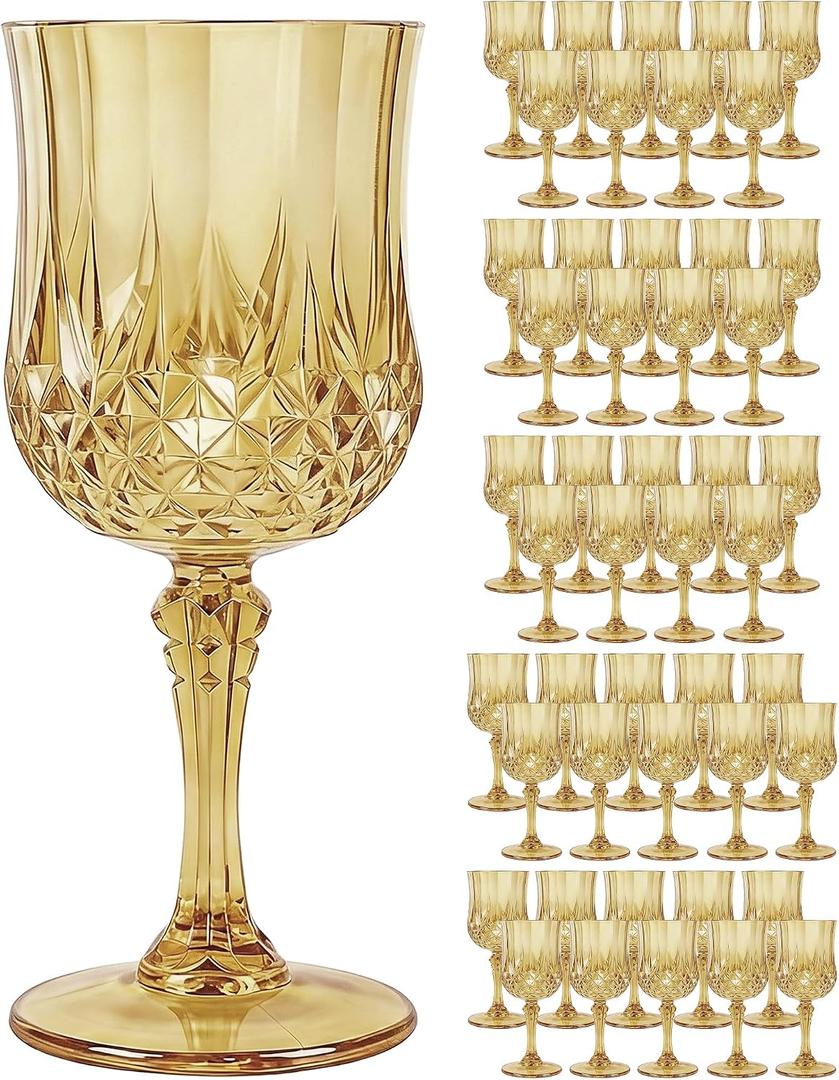 Plastic Wine Glasses Set, 7oz Vintage Goblets Shatterproof Unbreakable Reusable & Disposable, Drinking Glasses with Stem, for Wedding Outdoor Dinner Mother's Day Party (48pcs, Gold)