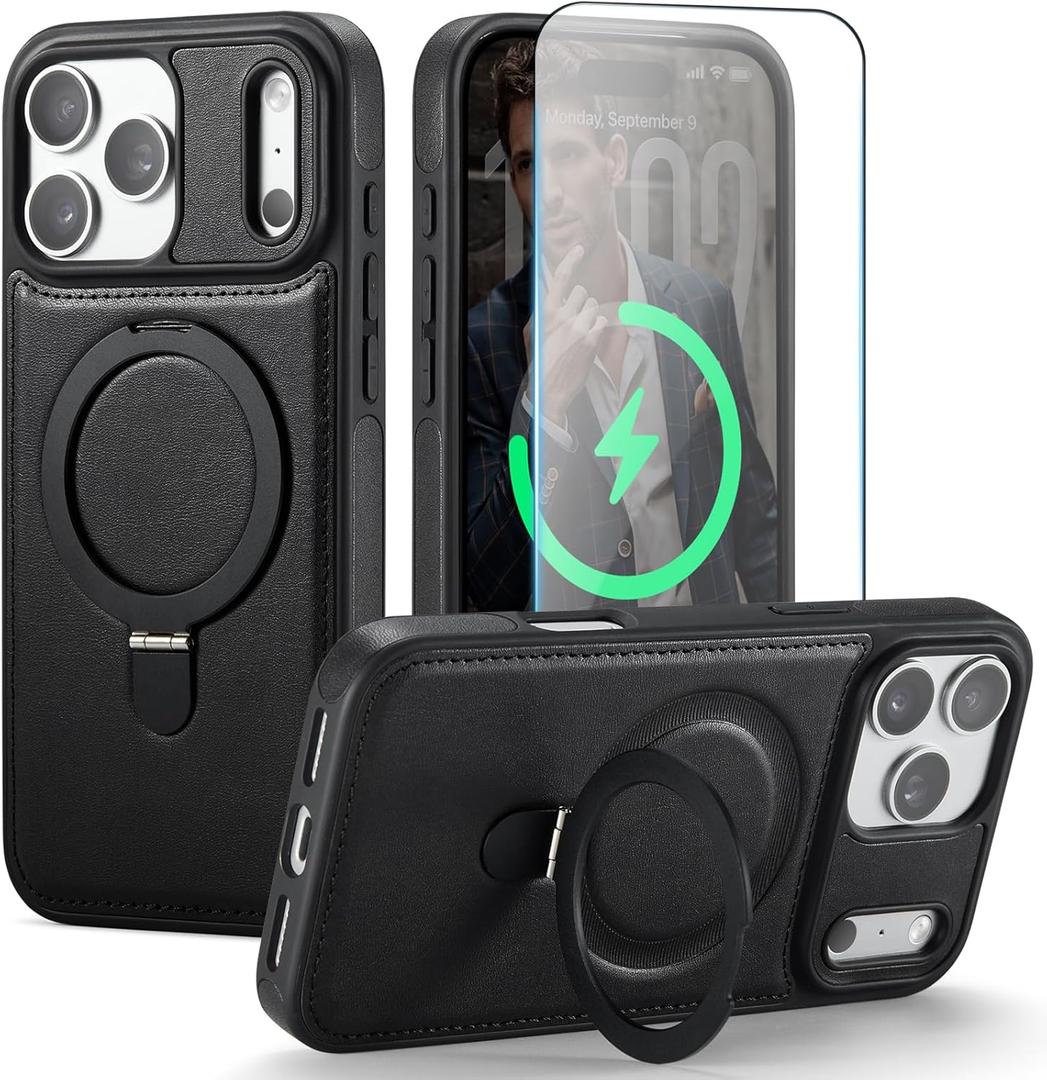 for iPhone 17 Pro Max Case with Stand, Compatible with MagSafe, Slim PU Leather & TPU Drop-Proof Protective Magnetic Kickstand Phone Cases with Tempered Glass Screen Protector 6.9", Black