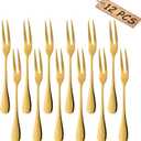 Comicfs 12-Piece Stainless Steel Forks, 5.3 Inches, Seafood Crab Forks Escargot Fork 2 Prong Tasting Appetizer Fork Dessert Cocktail Salad Fruit Fork for Party Travel (Gold)