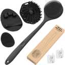 Manmihealth Silicone Back Scrubber & Soft Shower Face Brush Set 4 PCS(Thin Bristles), Super-Cleansing Body Scrubber & Strong Lathering Power Bath Glove Combination (Black)