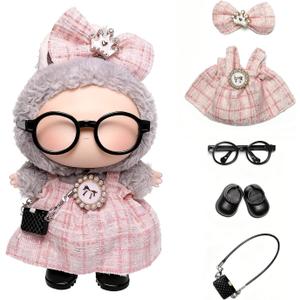 3 x 17cm Doll Clothes for Labubu, Clothing Outfits & Accessories Set, Dress Up Outfit for Labubu Doll with Purse Shoes Glasses (Pink Dress Set)