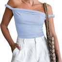 Tankaneo Womens Off The Shoulder Top Sleeveless Slim Fit Stretchy Tank Top Y2k Casual T Shirts (Medium, Blue)