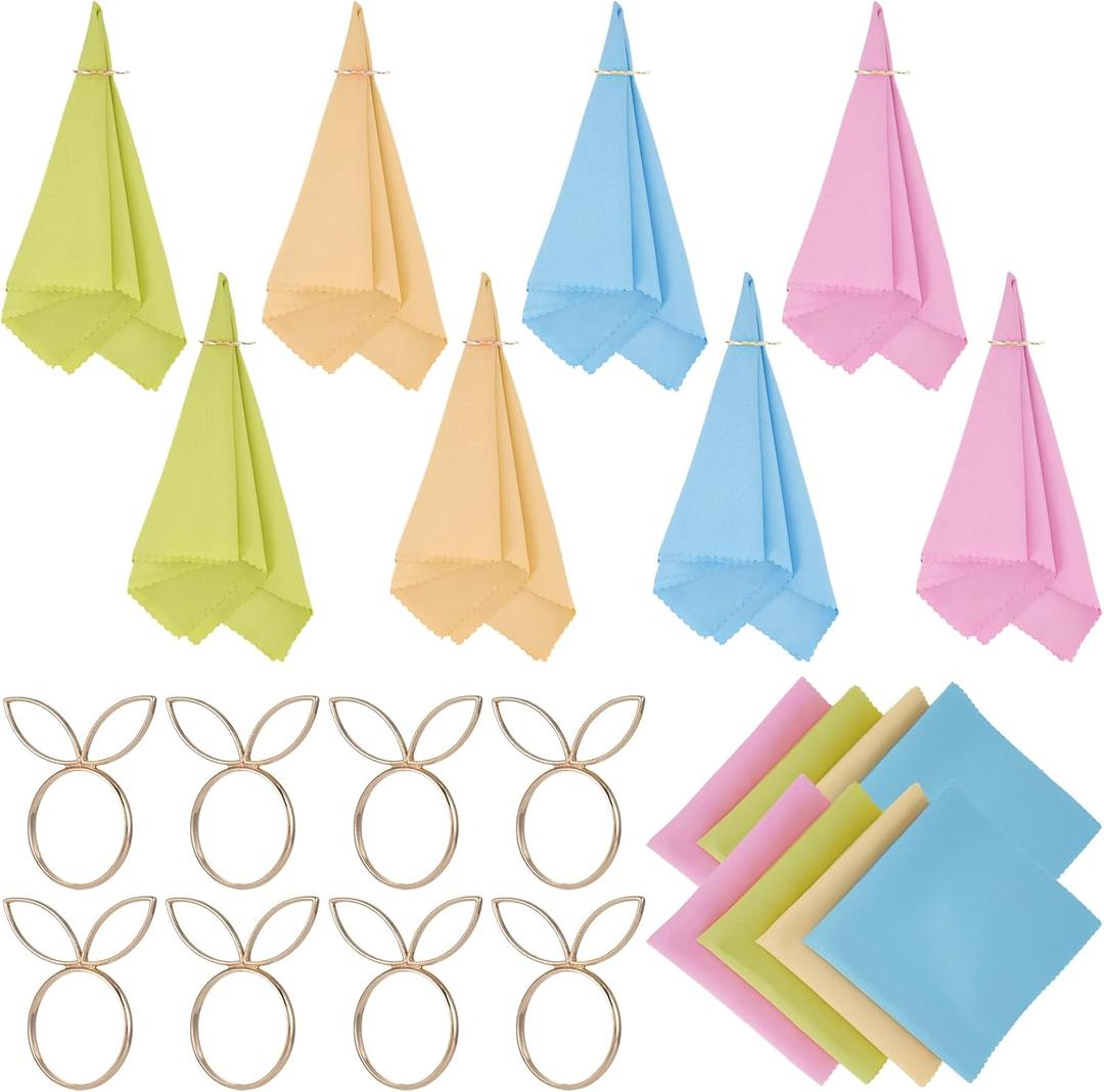8 Sets Easter Pastel Napkins Cloth with Bunny Napkin Rings Rabbit Napkins Ring Holders with Cocktail Napkin for Spring Wedding Easter Party Table Decor Supplies