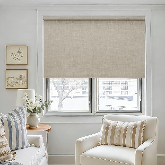 Blackout Roller Shades Cordless Blinds for Windows, Free-Stop Shades with Valance, Thermal Insulated Linen Fabric UV Protection Natural Woven Beige Blinds for Home and Office Oatmeal 39" W x 72" H