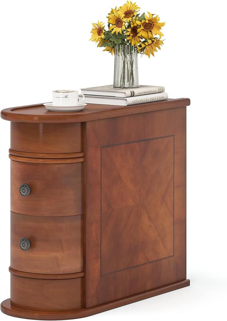 LITTLE TREE Wood End Table with 2 Drawers Sofa Side Table, No Assembly Required Vintage Slim Nightstand Bedside Table for Bedroom (23.6 D x 10.8 W x 23.6 H Inch, Brown)