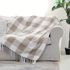 Beige White Buffalo Plaid Decor Blanket, Lightweight Soft Chenille Check Knitted Rustic Farmhouse Throw with Tassels for Couch Sofa Chair Bed Office Home, Tan and Ivory, 50" x 60"