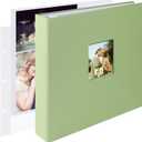 Large 3 Ring DIY Scrapbook Photo Album Journal with 30 Plastic Sleeves 60 Pages and Fabric Cover for Baby Travel Wedding Anniversary kids Adventure (Sage Green Cover/White Pages)