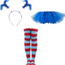 NUMJAW Thing Costumes - Adult Tulle Tutu Costume, Blue Tutu Skirt with Headband, Ponytail, Long Knee High Striped Socks