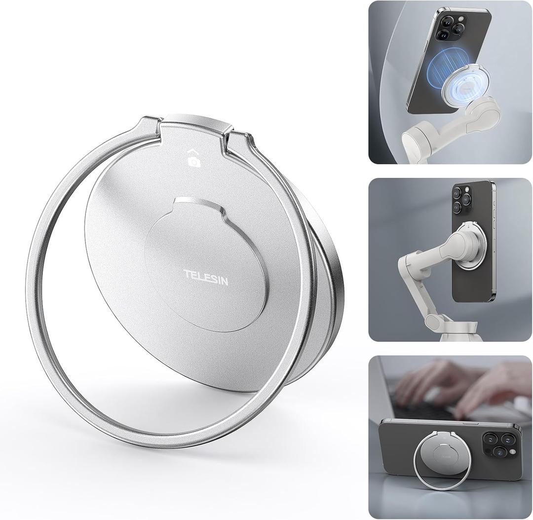 TELESIN Magnetic Phone Ring Holder Phone Mount for MagSafe, 360 Degree Magnet Finger Ring Grip Stand Holder Compatible with Osmo Mobile 6, 5, 4, Fit iPhone 12 13 14 15 Pro Max Smartphone Accessories