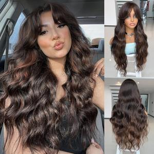 LEOSA Highlighted Wig 26 Inch Long Wavy Chocolate Brown Layered Wig with Curtain Bangs for Women Synthetic Middle Part Curly Womens Wigs for Daily Party,Dark Brown with Highlights