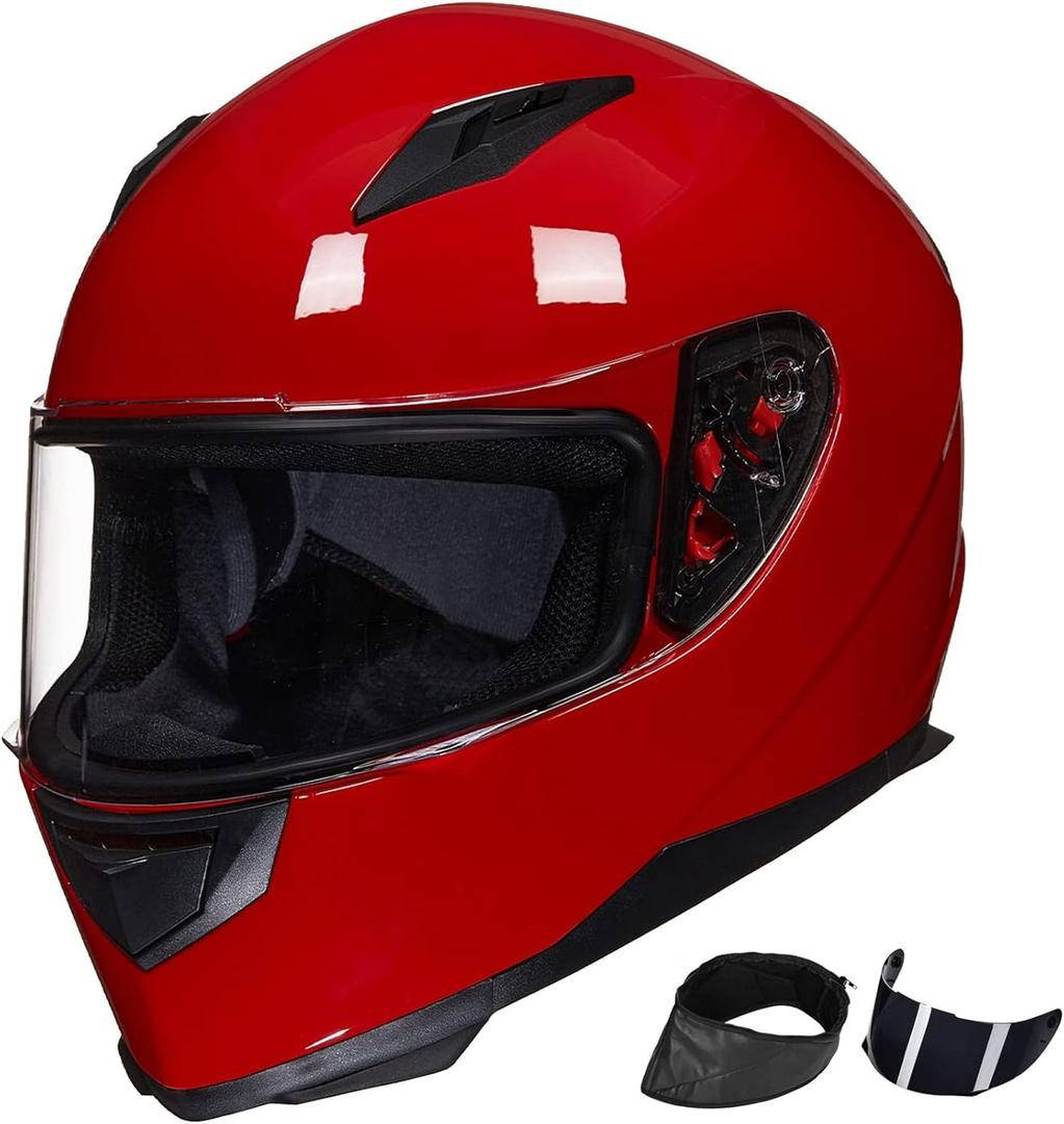 ILM Full Face Motorcycle Street Bike Helmet with Removable Winter Neck Scarf + 2 Visors DOT Model ILM-313 (XL, Bright Red)