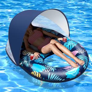 Inflatable Pool Floats with UPF50+ Canopy-Removable-120 Adjustable, Large Pool Beach Floating Raft Lounge with 2 Cup Holders, Swimming Inflatable Pool Floats for Beach, Lake, Party