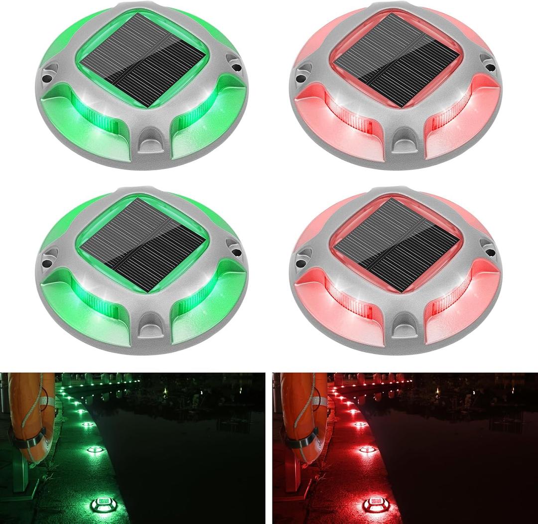 VOLISUN Christmas Solar Driveway Lights Dock Marine Lights 4 Pack,2 Colors in 1,Outdoor LED Deck Lights,Solar Powered Waterproof Warning Step Lights for Driveway Sidewalk Pathway (Red/Green)