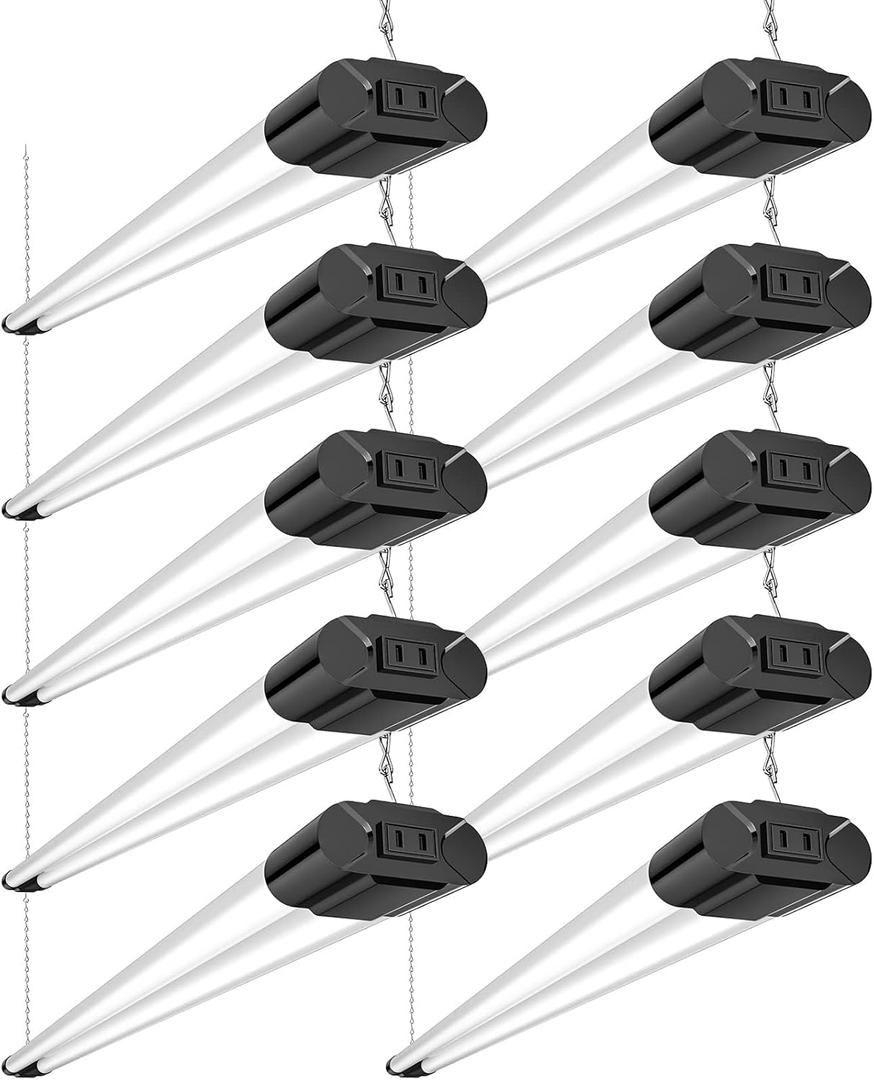 Bbounder 10 Pack Linkable LED Utility Shop Light, 4400 LM, 6500K Cool Daylight, 4 FT Integrated Fixture for Garage, 40W Equivalent 250W, Surface + Suspension Mount, Black