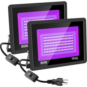 2 Pack 80w Black Light, 365nm Black Flood Light Outdoor with Plug and Switch, IP66 Waterproof Blacklight for Glow Party, Stage Lighting, Fluorescent Poster, Body Paint