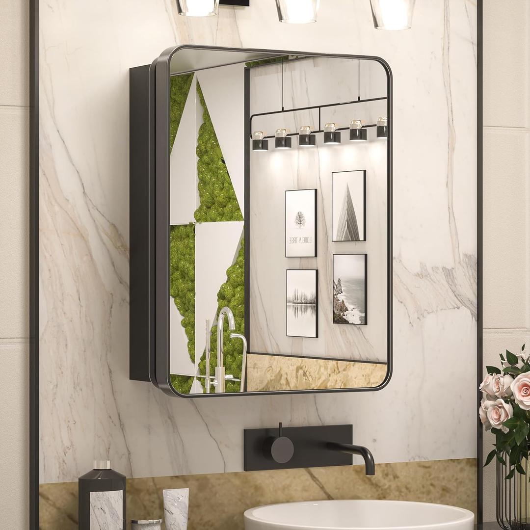 Keonjinn 20 x 26 Inch Black Recessed Medicine Cabinets, Bathroom Mirrored Medicine Cabinet, Gloss Black Stainless Steel Framed, Adjustable Shelves, in Wall or Surface Mount, Sturdy & Heavy, Farmhouse