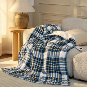 Bedsure Plaid Heated Blanket Throw - Flannel Sherpa Electric Blanket with Plaid Pattern, Heating with 6 Heating Levels, 4 Time Settings, 3-Hour Auto-Off, Warm Gifts for Grandma (Blue, 50"x60")