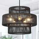 22" Black Boho Rattan Chandelier Light Fixture Hand Woven Farmhouse Pendant Lighting Rustic Boho Chandeliers for Dining Room Living Room Hallway Foyer 5-Lights