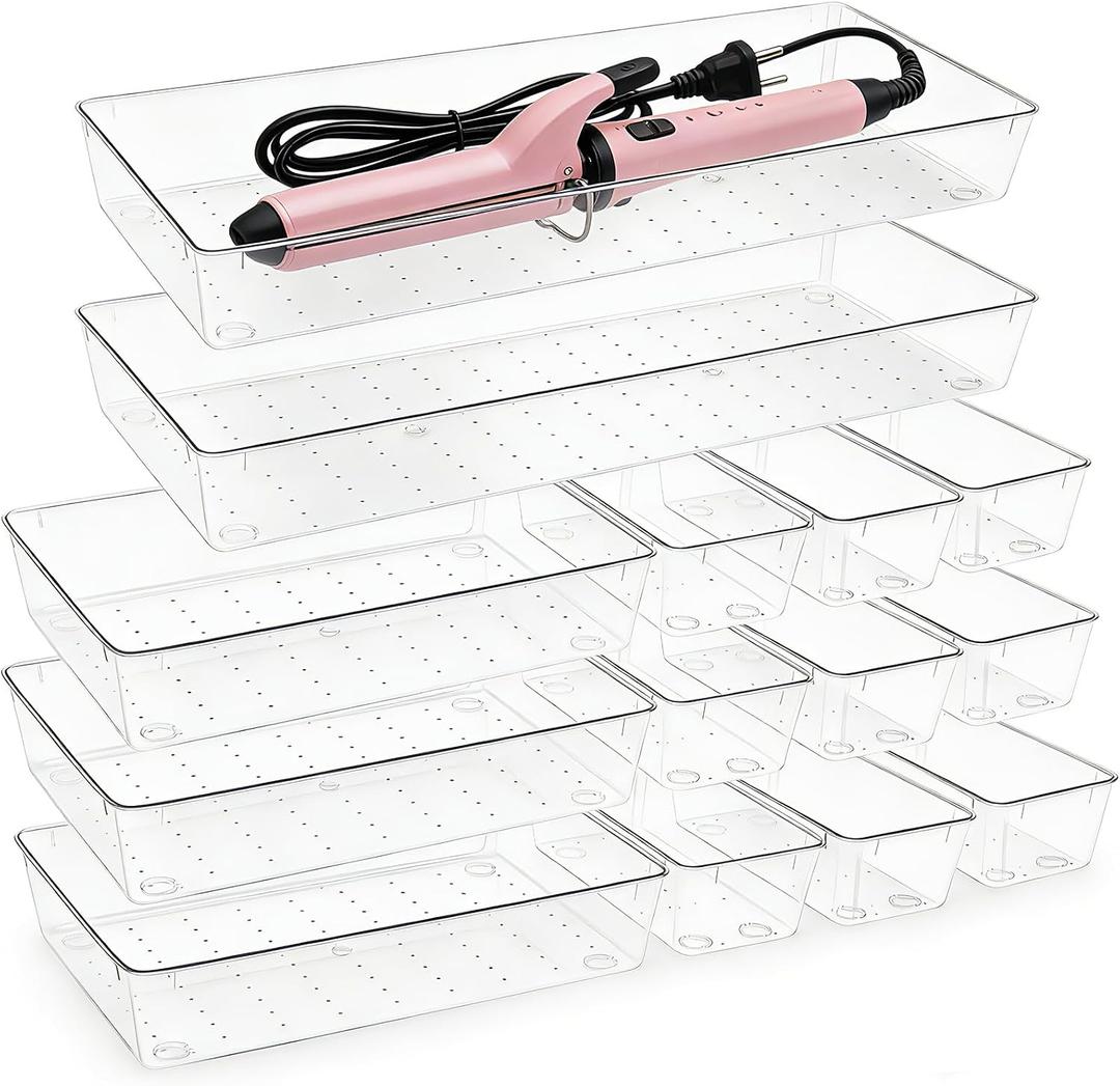 14 Pcs Clear Plastic Drawer Organizer Tray with 2 Pcs 15"x6" Extra Large Trays, Multi-Purpose Storage Bins for Vanity, Makeup, Kitchen Utensils, Bathroom, Office Desk, Auto Tools & Craft Supplies