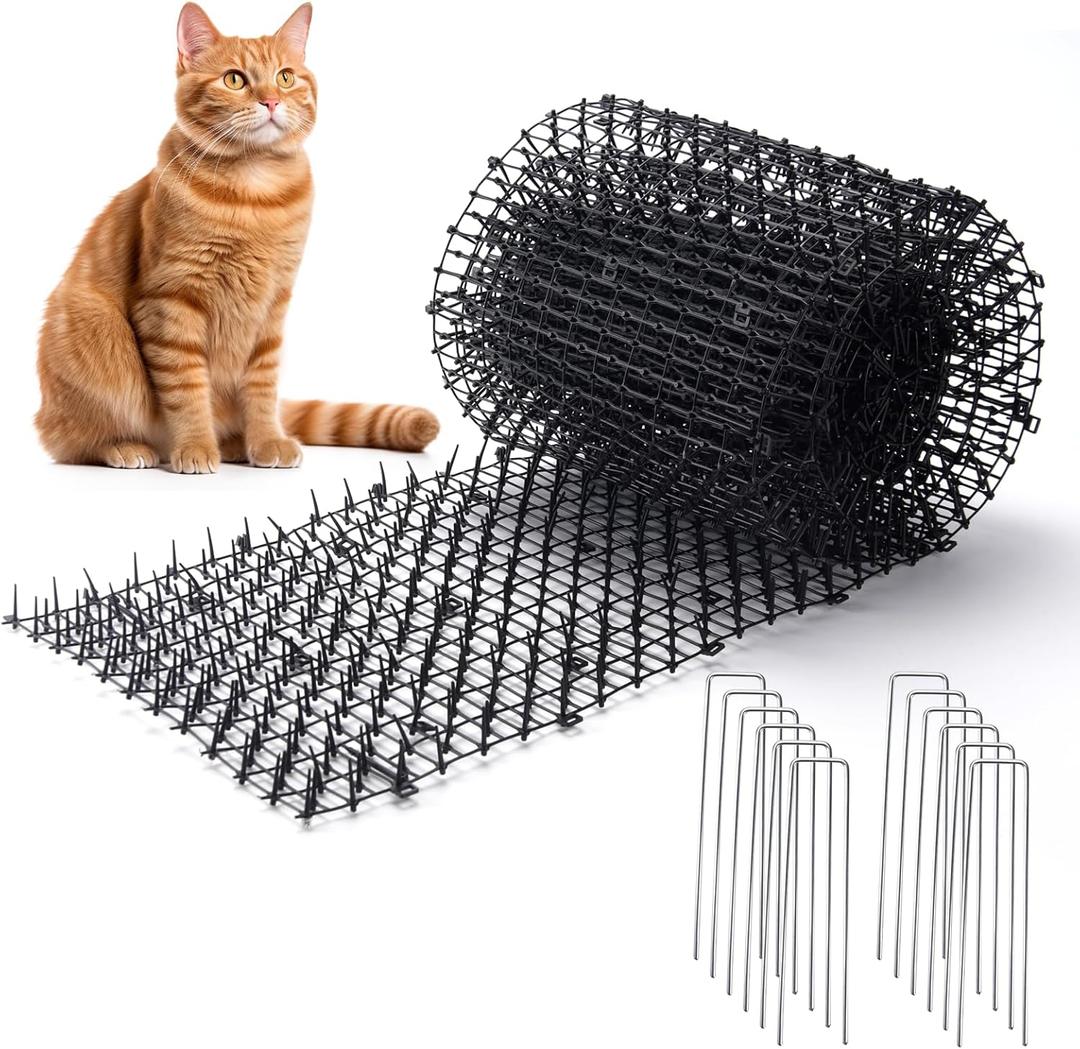 13FT Scat Mat for Cats with Spikes and 12 Garden Staples - Outdoor/Indoor Pet Deterrent for Plants, Furniture, Car, and Yard
