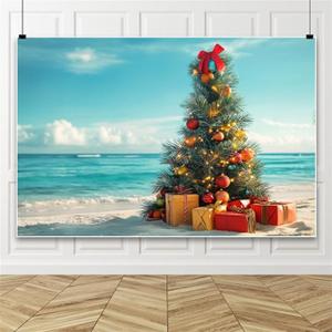Leowefowa Summer Christmas Backdrop 10x8ft July Christmas Banner Seaside Box Backdrops for Photography Summer Christmas Tree Backdrops for Parties Xmas Tree Photo Props Vinyl