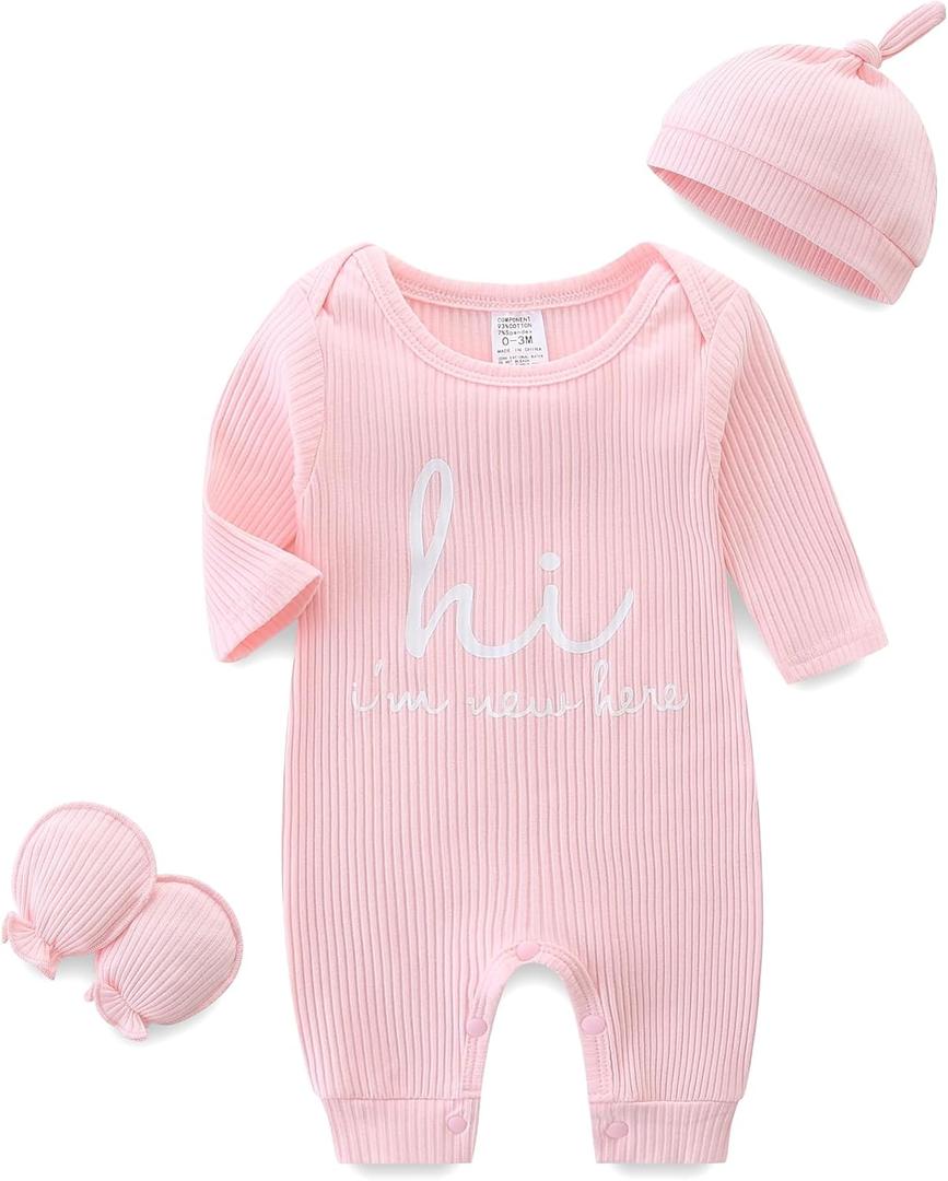 Newborn Unisex Baby Clothes 0-3 Months,Long Sleeve Onesie Infant Coming Home Outfits Romper with Mittens & Hat