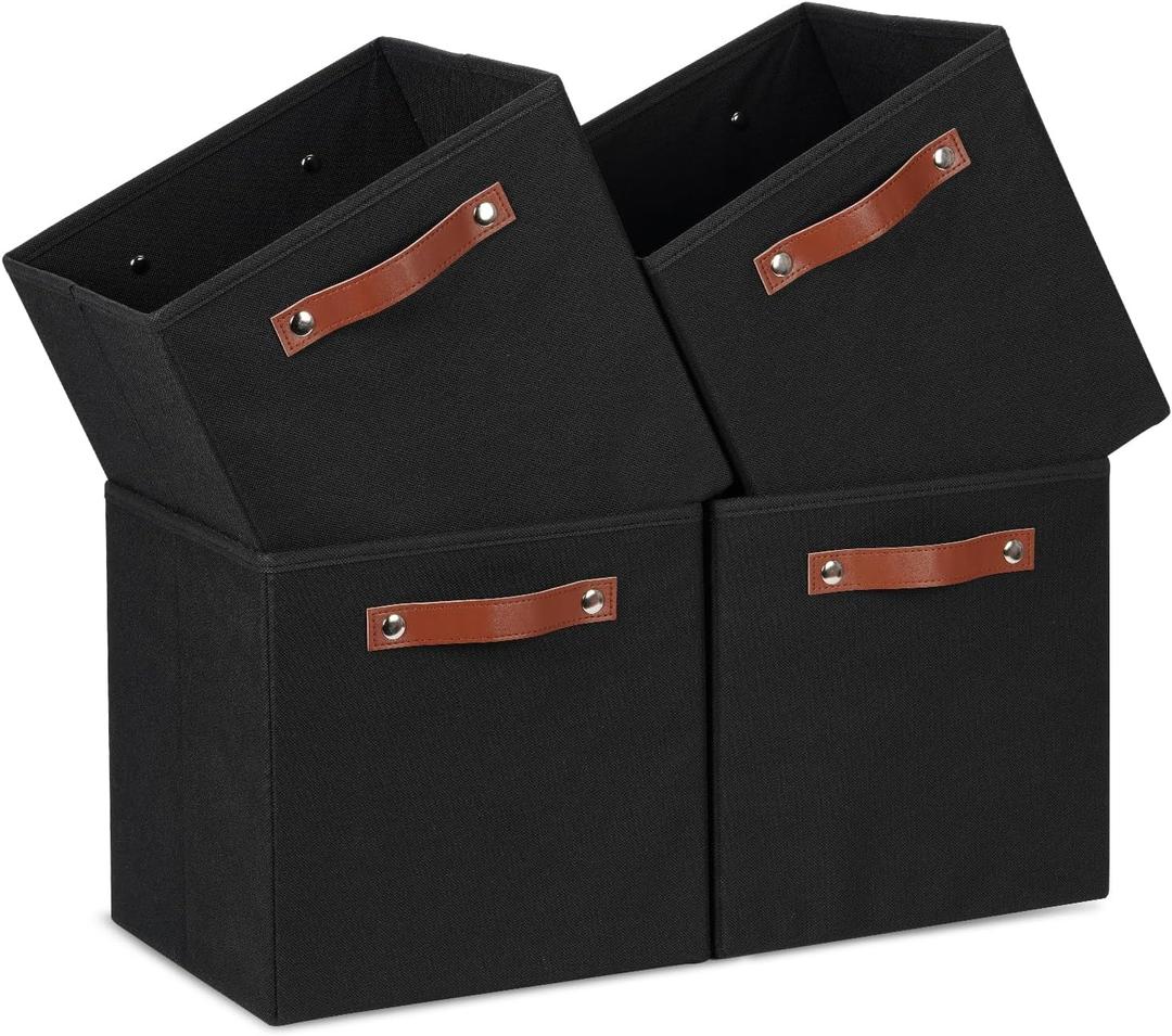 Temary 11x11 Storage Cubes Fabric Cube Storage Bins with Handles Clothes Storage Boxes Baskets for Organizing Home, Shelf, Closet (Black, 11 x 11 x 11)