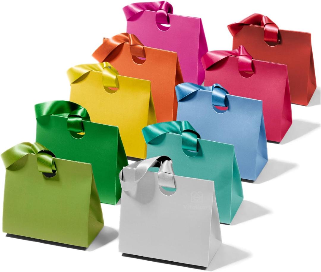 Vitalizart Paper Gift Bags With Ribbon Handles Set of 10 Assorted Colors Bulk Reusable For Gift Wrap Girls Kids Birthday Bridal Shower Party Favors Goodie Bags Candy Christmas 7.87"x3.54"x7.09" Small