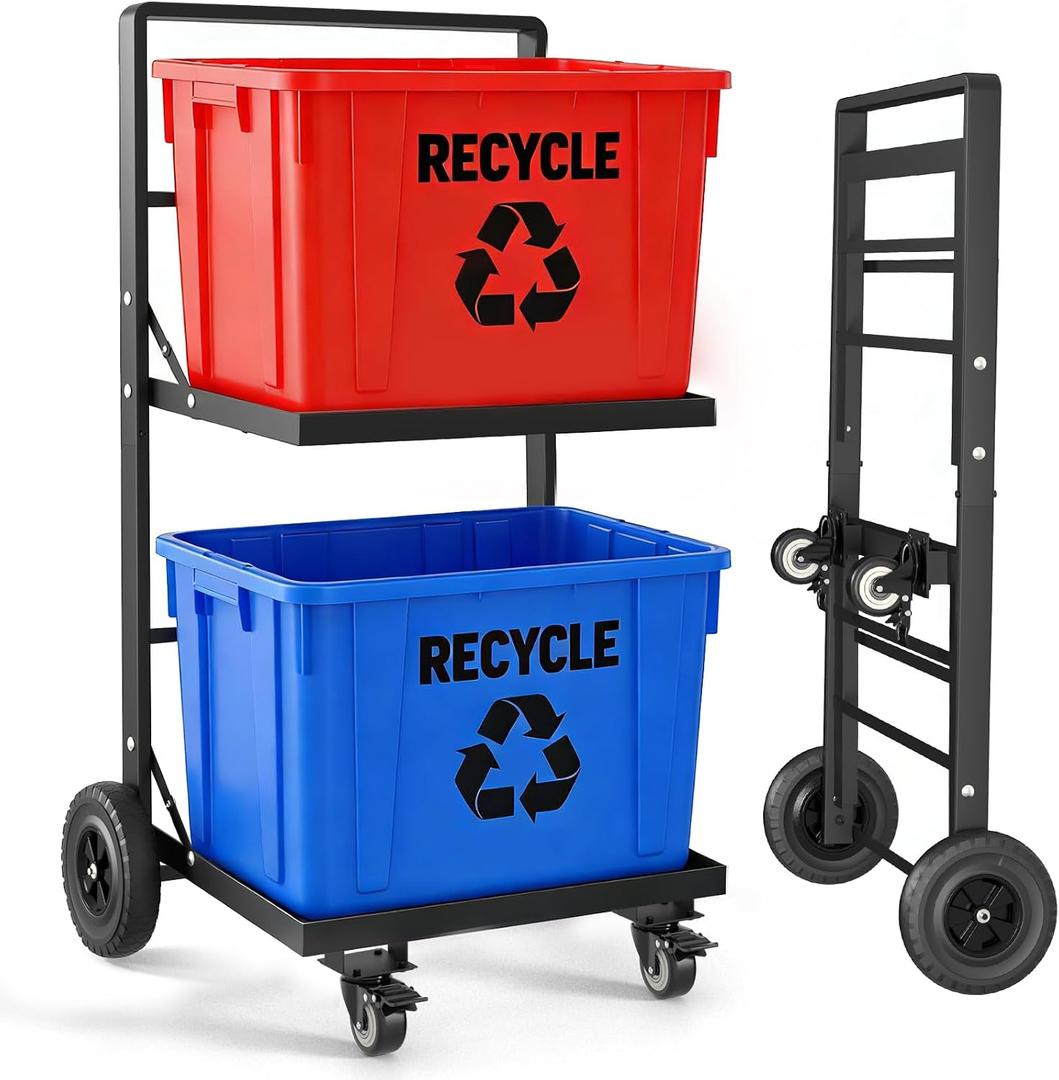 2-Tier Foldable Recycle Bin Cart, Heavy Duty Trash Can Dolly with All-Terrain Wheels & Lockable Casters, 140LBS Capacity Garbage Bin Trolley for Kitchen, Garage, Office, Courtyard