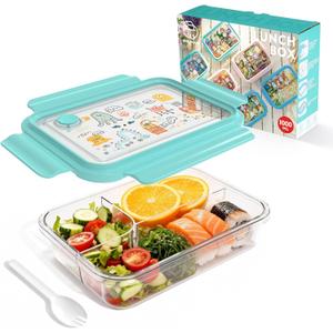 WHALEHOUSE Clear Eco-friendly SK chemicals ECOZEN Bento Lunch Box, 3 Compartment Durable Plastic Meal Prep Container, Airtight Food Storage Containers with Snap Locking Lids, Microwave Safe (Green)