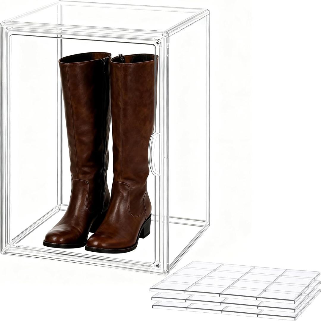 XXX-Large Clear Display Case with 3 Adjustable Dividers 15.7"X11.8"X9.8" Extra Large Boot Shoe Storage Box with Magnetic Door Stackable Organizer for Figures, Collectibles