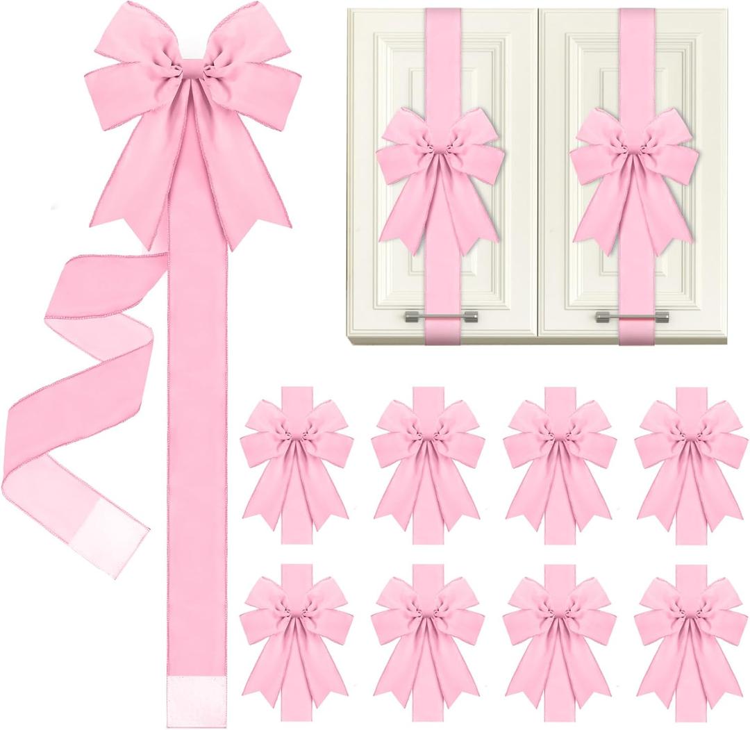 9 Pcs Pink Velvet Christmas Cabinet Ribbons Bows for Kitchen 78.7 Inch Large Christmas Door Ribbon Cabinet Bows for Gifts Xmas Tree Home Wall Furniture Party Decorations